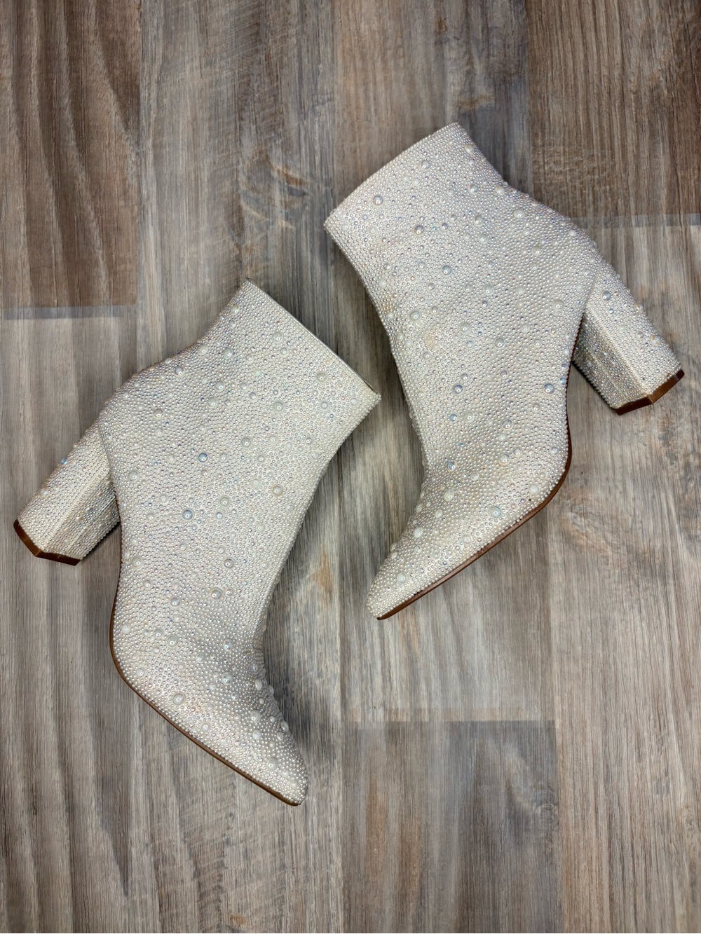 Betsey Johnson “Cady” Pearl Embellished Heeled Boots